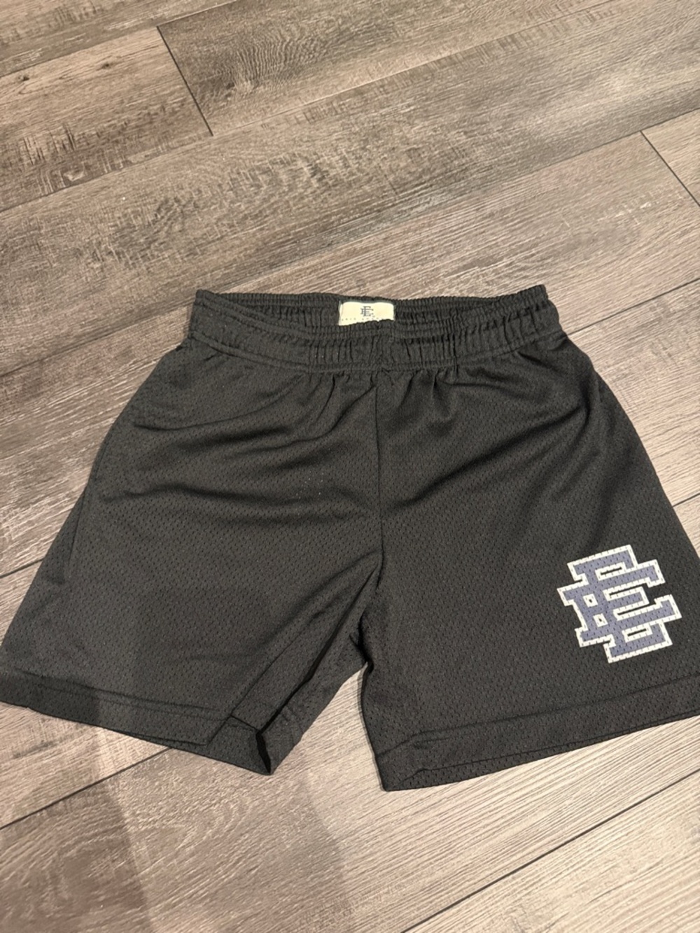 Eric Emanuel Black Mesh Athletic Shorts with White and Gray Logo Patch